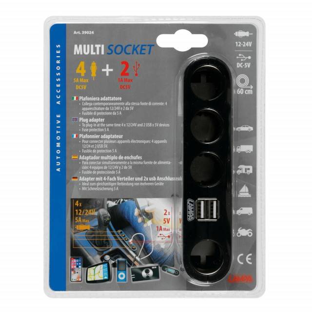 Adaptor priza multipla 4 + 2, priza cvadrupla 12 / 24V + USB