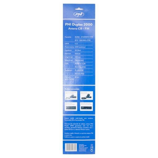 Antena CB PNI Duplex 2000 CB-FM, 26-28MHz (CB), 87-108MHz (FM), cablu CB si cablu FM 5 metri, fibra de sticla, lungime 490 mm