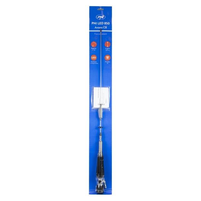 Antena CB PNI LED 850 rabatabila cu baza magnetica 145 mm, 85 cm lungime, 26-28 MHz, 300 Watt, ilumineaza in timpul emisiei, tip filet PL, fara