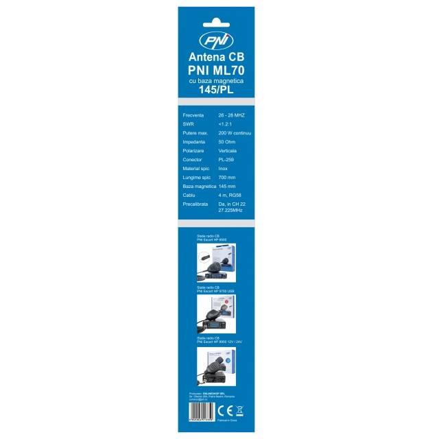 Antena CB PNI ML70, lungime 70cm, 26-30MHz, 200W, magnet 145 mm inclus