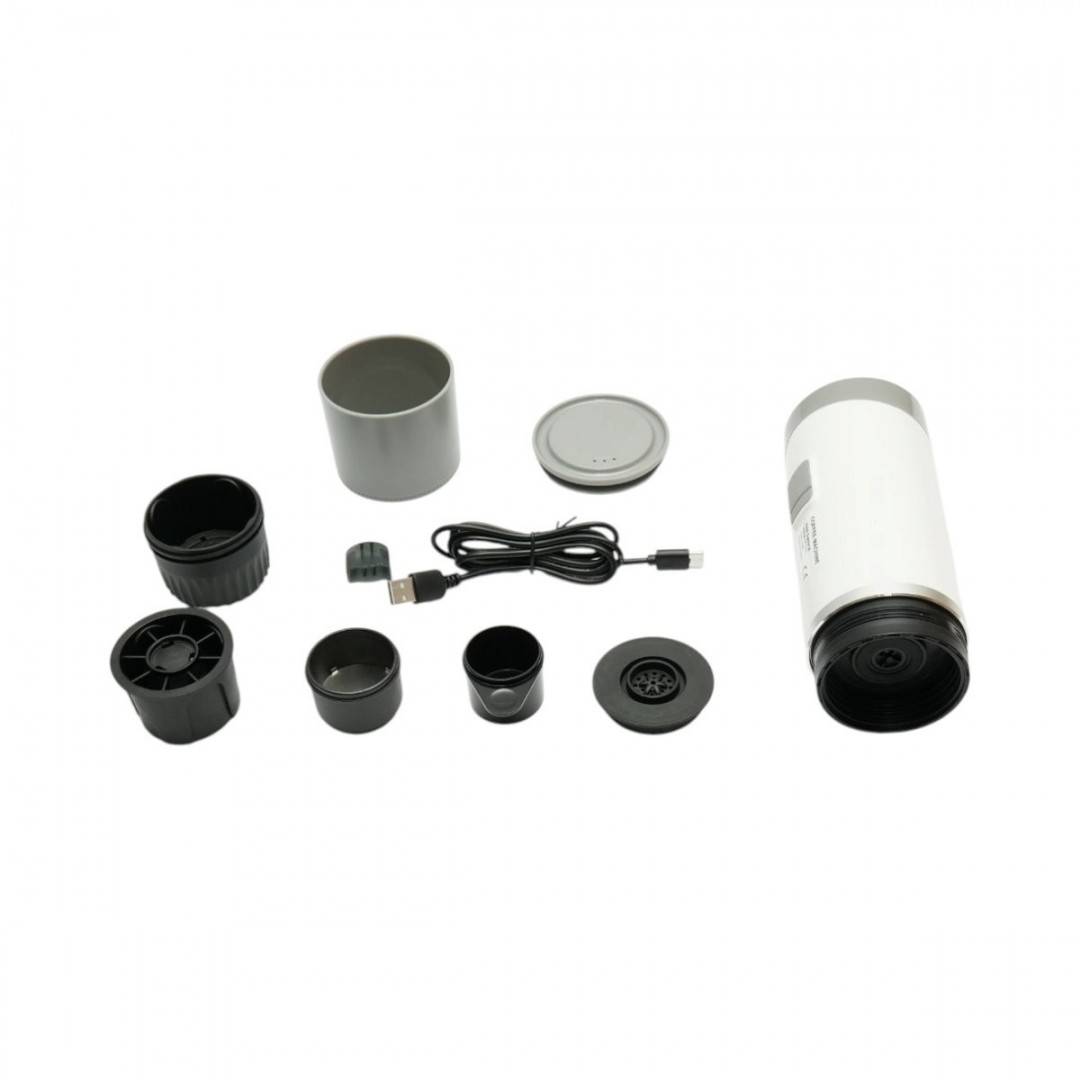 Aparat de cafea portabil cu acumulator 1800mAh, 12V, 10W, presiune 15 bar, rezervor apa 110ml, cafea macinata, capsule Nespresso