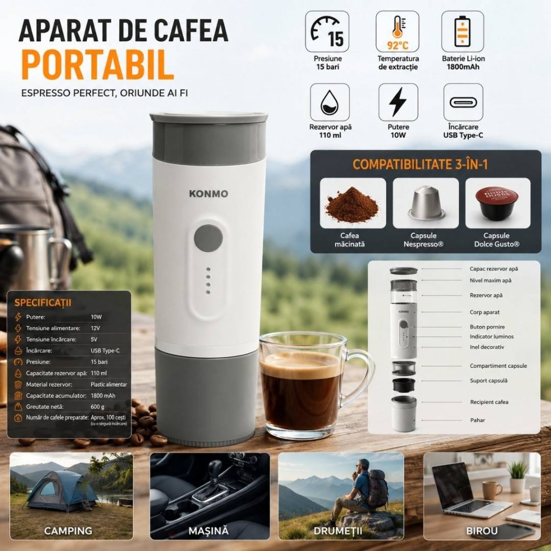 Aparat de cafea portabil cu acumulator 1800mAh, 12V, 10W, presiune 15 bar, rezervor apa 110ml, cafea macinata, capsule Nespresso