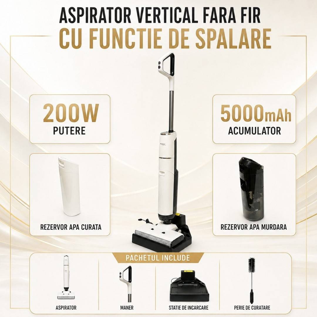 Aspirator vertical fara fir cu mop 200W, putere aspirare 18000Pa, baterie 5000mAh, rezervor apa 2x600ml, functie voce, ecran digital Breckner Germany