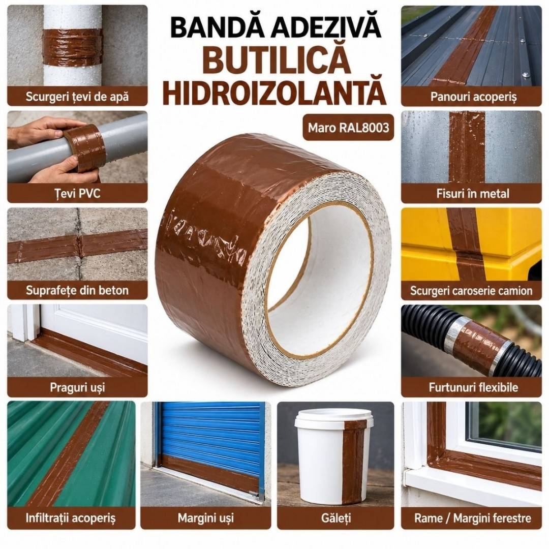 Banda butilica hidroizolanta autoadeziva 100mm x 5m cu folie de aluminiu maro RAL8003 Breckner Germany