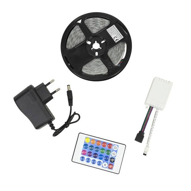 Banda LED PNI 2835RGB, RGB, IP65, silicon, lungime 5 metri, cu telecomanda, alimentator 230 V, dimabil, jocuri de lumini, 270 LED-uri tip 2835, 12W