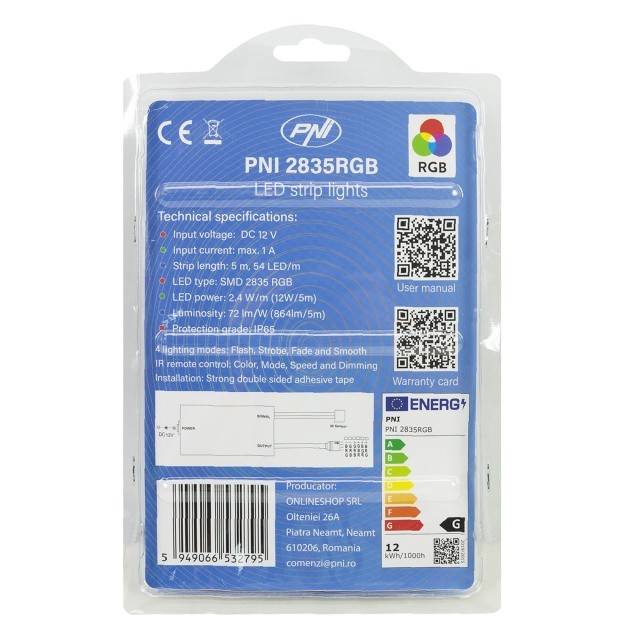 Banda LED PNI 2835RGB, RGB, IP65, silicon, lungime 5 metri, cu telecomanda, alimentator 230 V, dimabil, jocuri de lumini, 270 LED-uri tip 2835, 12W