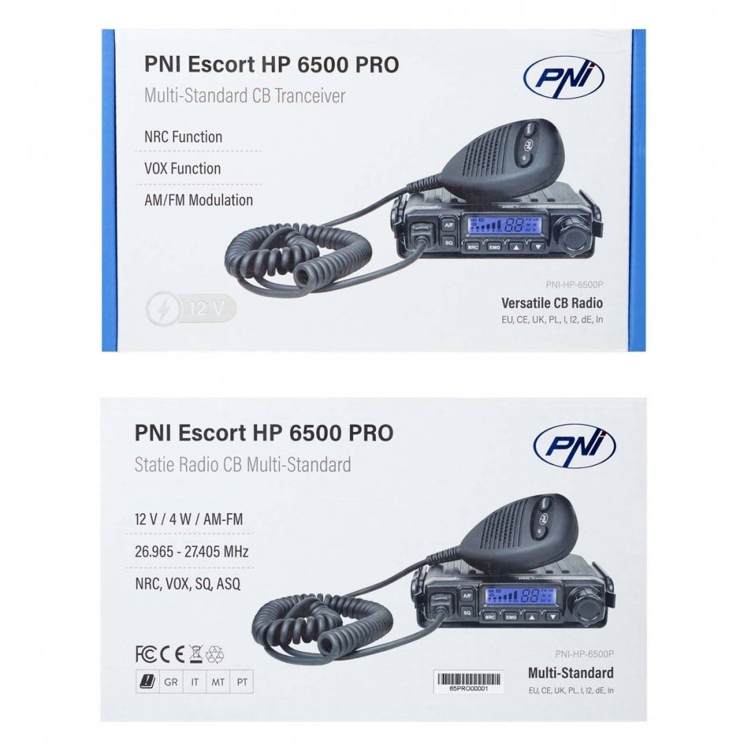 Bax cu 10 bucati statie radio CB PNI Escort HP 6500 PRO, multi-standard, VOX, NRC, 4W, AM-FM, 12V, SQ, ASQ, mufa de bricheta inclusa
