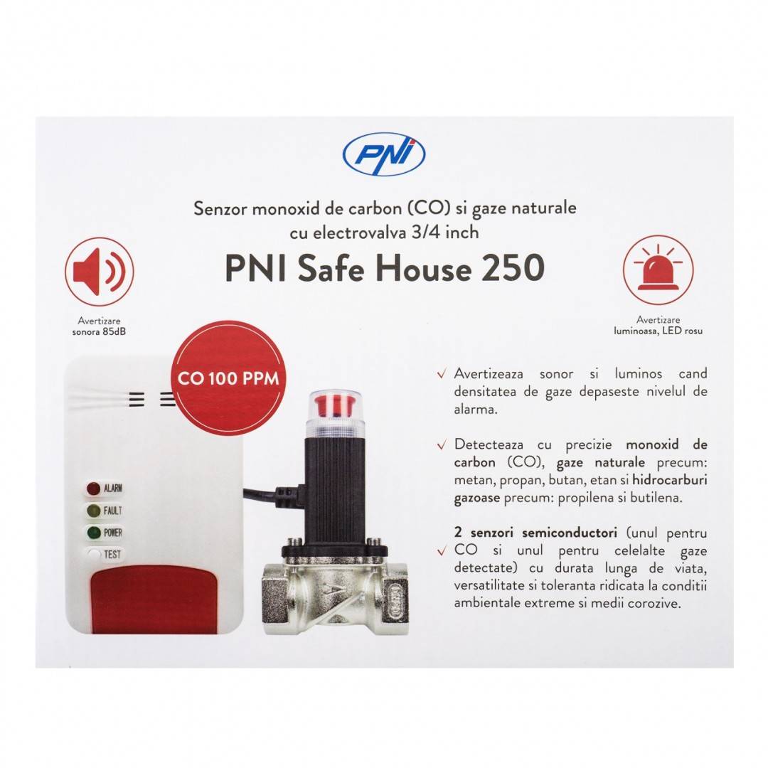 Bax cu 20 buc Kit PNI Safe House Dual Gas 250 cu senzori pentru 2 tipuri de gaz monoxid de carbon (CO) si gaze naturale si electrovalva 3/4 inch