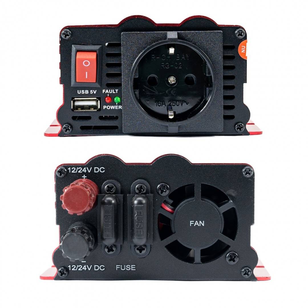 Bax cu 20 bucati invertor de tensiune PNI L650W alimentare duala 12V/24V, iesire 230V, 500W, sinus modificat, mufa USB 5V 500mAh, cu clesti
