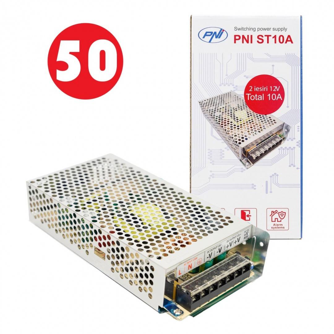 Bax cu 50 bucati sursa de tensiune in comutatie PNI ST10A 230V la 12V 10A stabilizata pentru sisteme de supraveghere