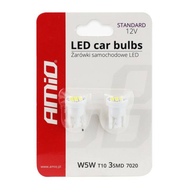 Bec de pozitie tip LED , T10 W2.1x9.5 W5W, 12V , 3 SMD 7020, culoare alb , AMIO, set 2 buc