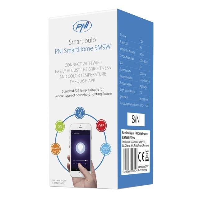 Bec inteligent PNI SmartHome SM9W LED 9w cu lumina reglabila, programabil WiFi compatibil cu Google Home, Alexa