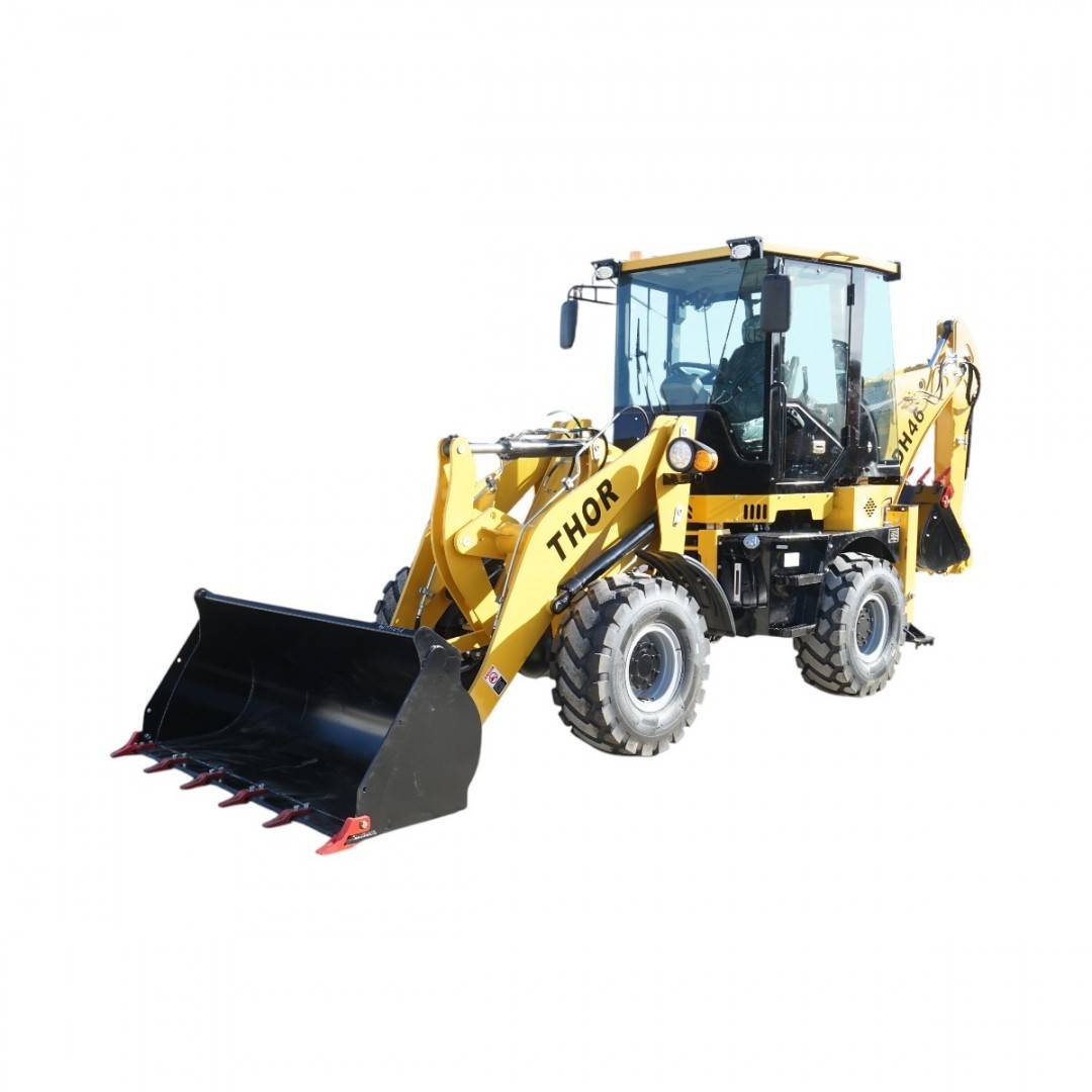 Buldoexcavator articulat compact 1.8T, motor diesel 50CP Euro 3 cu brat excavator, cupa frontala, furci paleti, picon hidraulic THOR