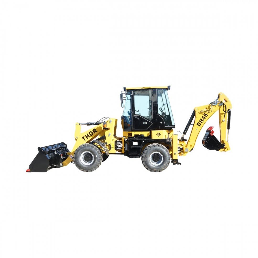 Buldoexcavator articulat compact 1.8T, motor diesel 50CP Euro 3 cu brat excavator, cupa frontala, furci paleti, picon hidraulic THOR
