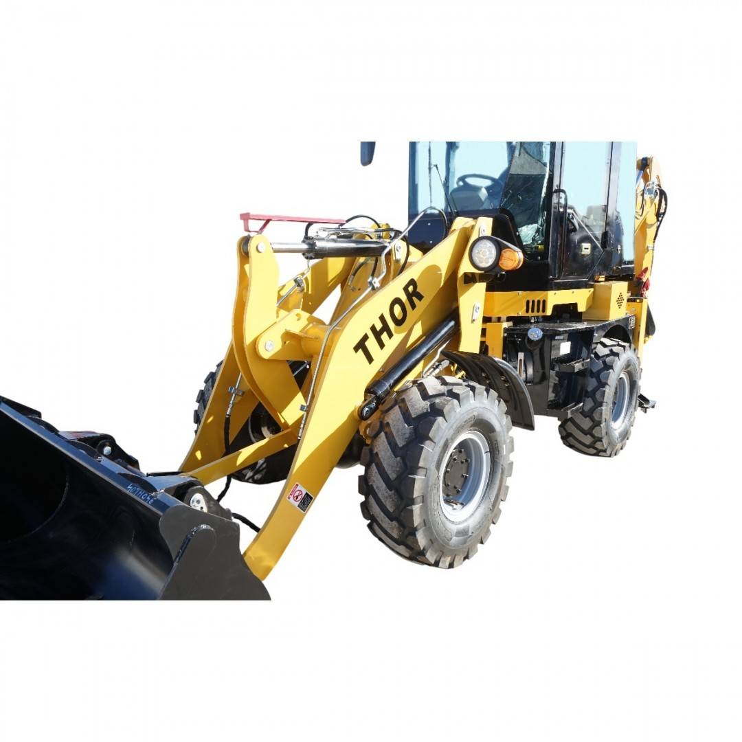 Buldoexcavator articulat compact 1.8T, motor diesel 50CP Euro 3 cu brat excavator, cupa frontala, furci paleti, picon hidraulic THOR