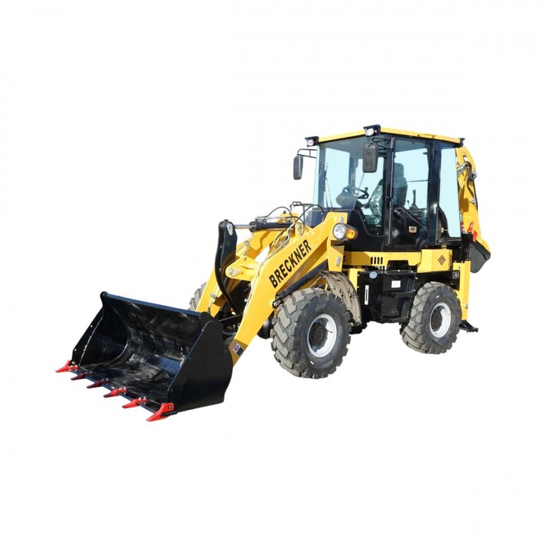 Buldoexcavator articulat compact 1.8T, motor diesel 61CP Euro 5 cu brat excavator, cupa frontala, furci paleti, picon hidraulic Breckner Germany