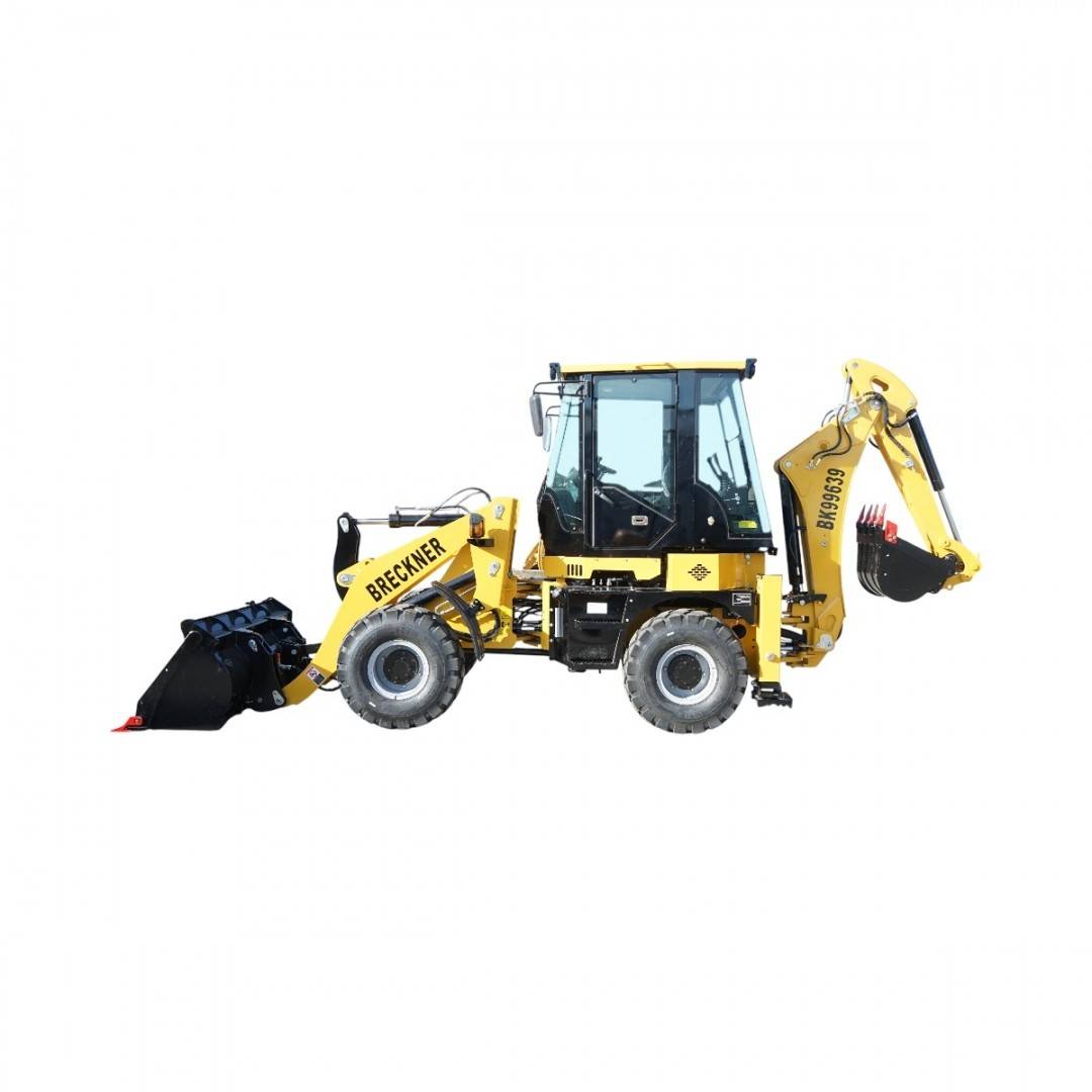 Buldoexcavator articulat compact 1.8T, motor diesel 61CP Euro 5 cu brat excavator, cupa frontala, furci paleti, picon hidraulic Breckner Germany