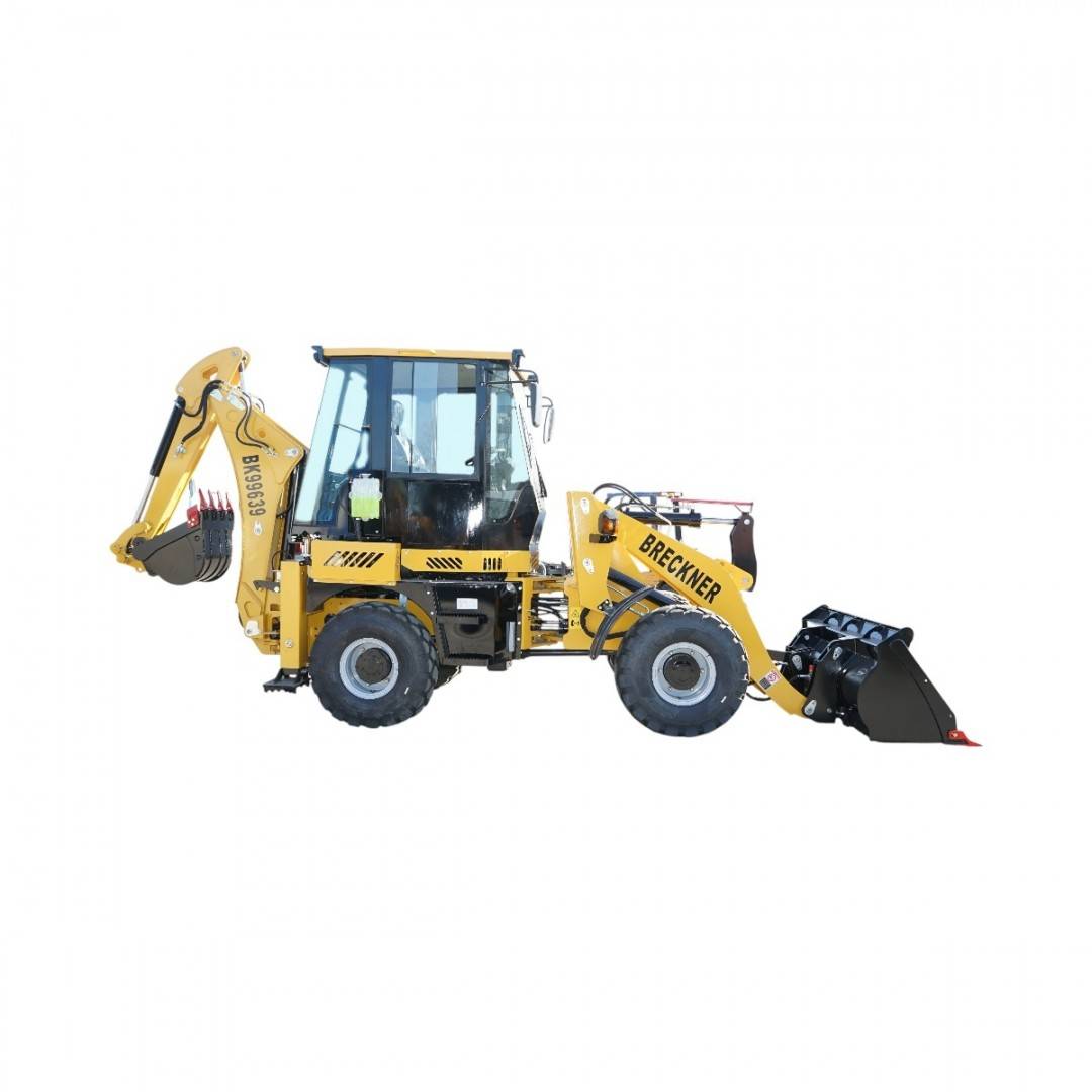 Buldoexcavator articulat compact 1.8T, motor diesel 61CP Euro 5 cu brat excavator, cupa frontala, furci paleti, picon hidraulic Breckner Germany