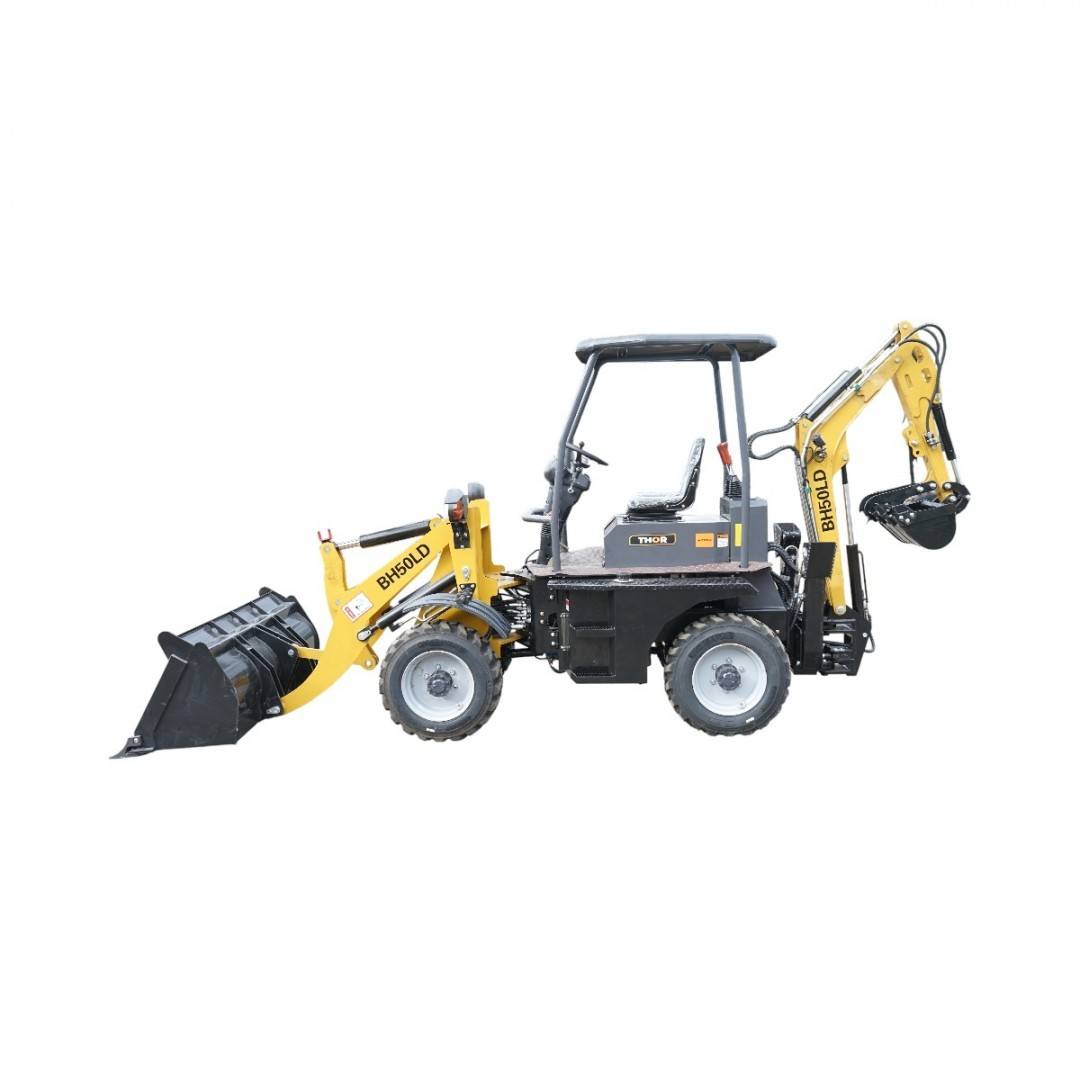 Buldoexcavator articulat compact 2.5T, motor diesel 52CP, adancime sapare 1600mm, cupa frontala si brat excavare spate THOR