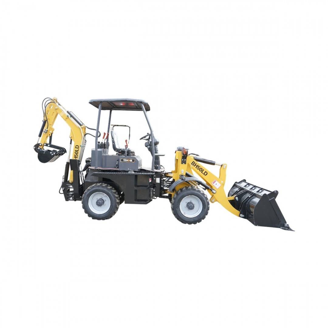 Buldoexcavator articulat compact 2.5T, motor diesel 52CP, adancime sapare 1600mm, cupa frontala si brat excavare spate THOR