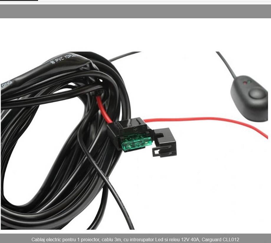 Cablaj electric pentru 1 proiector, cablu 3m, cu intrerupator Led si releu 12V 40A