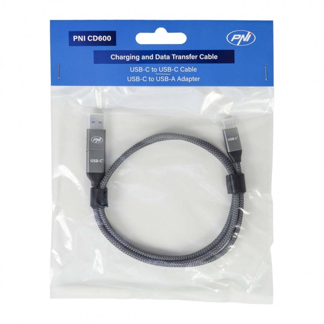Cablu date si incarcare PNI CD600 USB Type-C la Type-C 60W + adaptor USB Type-C la USB-A, lungime 1m