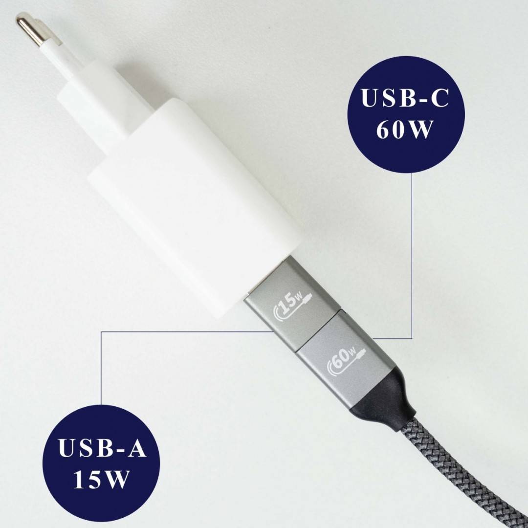 Cablu date si incarcare PNI CD600 USB Type-C la Type-C 60W + adaptor USB Type-C la USB-A, lungime 1m