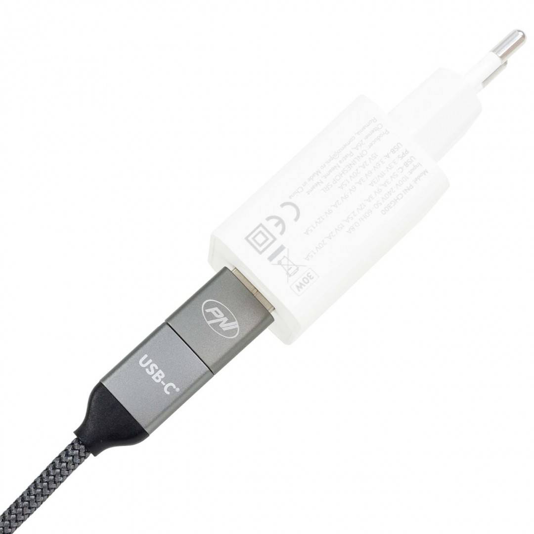 Cablu date si incarcare PNI CD600 USB Type-C la Type-C 60W + adaptor USB Type-C la USB-A, lungime 1m