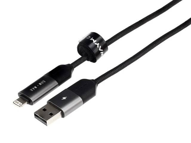 Cablu de încărcare și sincronizare WAYNE din microfibră împletită, 100 cm (4 în 1) USB / C > USB-C / Lightning, max. 60W