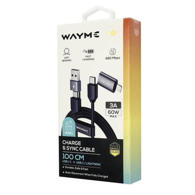 Cablu de încărcare și sincronizare WAYNE din microfibră împletită, 100 cm (4 în 1) USB / C > USB-C / Lightning, max. 60W