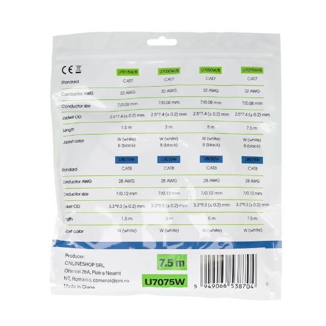 Cablu de retea plat S/STP CAT7 PNI U7075W, 2 x RJ45, 4 perechi de fire, 32AWG, cupru, 10 Gbps, 600 MHz, 7.5m, alb