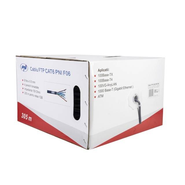 Cablu FTP CAT6 PNI F06 cu 4 perechi pentru internet 1 Gigabit si sisteme de supraveghere Rola 305m