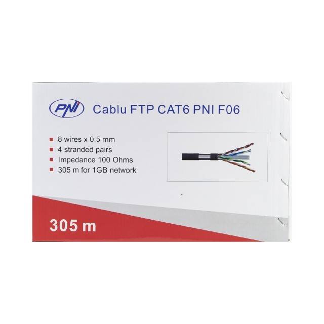 Cablu la metru FTP CAT6 PNI F06 cu 4 perechi pentru internet 1 Gigabit si sisteme de supraveghere Rola 305m