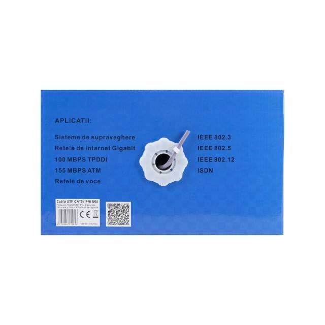 Cablu UTP CAT5e PNI U05 cu 4 perechi de fire torsadate 0.40 mm CCA, pentru internet 1 Gigabit si sisteme de supraveghere, rola 305m