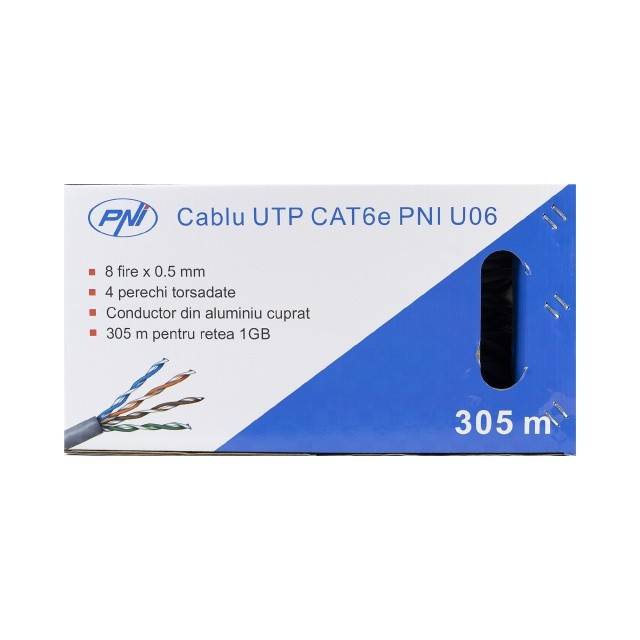 Cablu UTP CAT6 PNI U06 cu 4 perechi de fire torsadate 0.50 mm CCA, pentru internet si sisteme de supraveghere, rola 305m