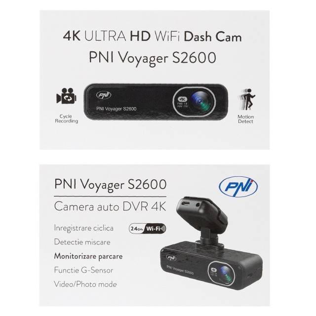 Camera auto DVR PNI Voyager S2600 WiFi, 4K Ultra HD, GPS, fara display, functie Monitorizare parcare, G-sensor, inregistrare video si audio,