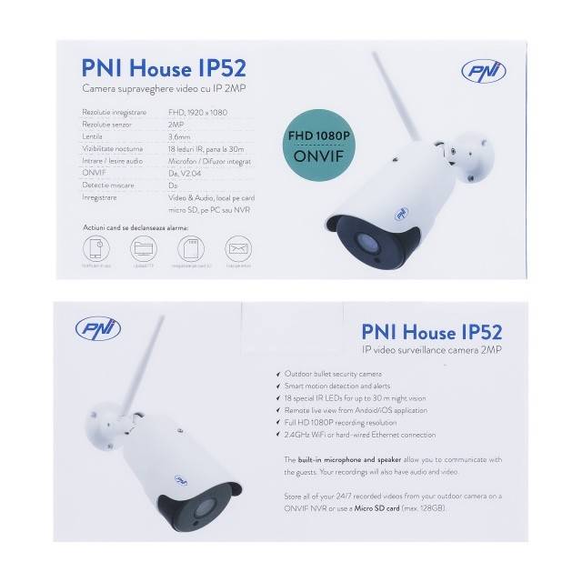 Camera supraveghere video PNI House IP52 2MP 1080P wireless cu IP, stand-alone, de exterior si interior si slot microSD, mod noapte