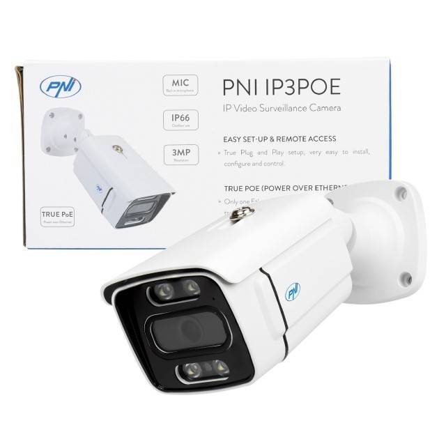 Camera supraveghere video PNI IP3POE cu IP, 3MP, de exterior IP66, microfon incorporat, compatibila cu sistemul de supraveghere POE PNI House IPMAX