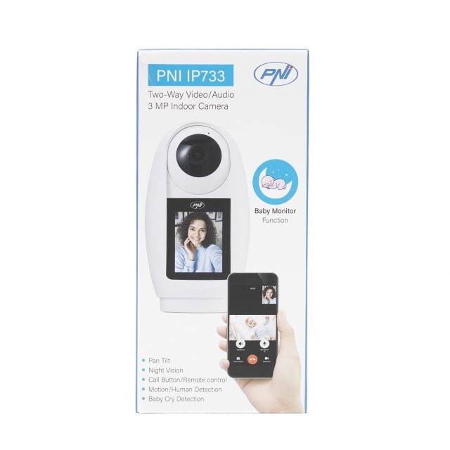 Camera supraveghere video PNI IP733 3MP, audio si video bidirectional, cu buton apelare prin Bluetooth, ecran, functie baby monitor