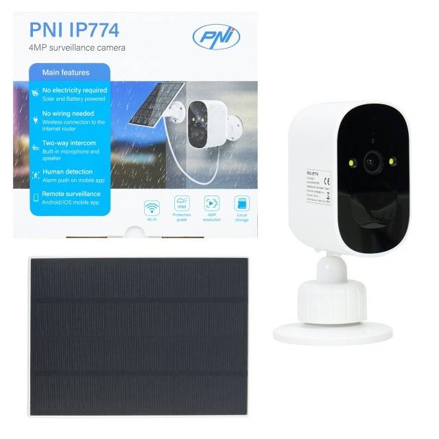 Camera supraveghere video PNI IP774 4MP, panou solar 3W, acumulator 4000mAh incorporat, detectie miscare, slot card micro SD, vizibilitate nocturna,