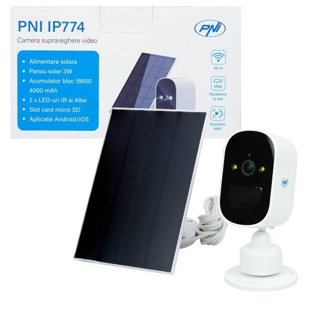 Camera supraveghere video PNI IP774 4MP, panou solar 3W, acumulator 4000mAh incorporat, detectie miscare, slot card micro SD, vizibilitate nocturna,