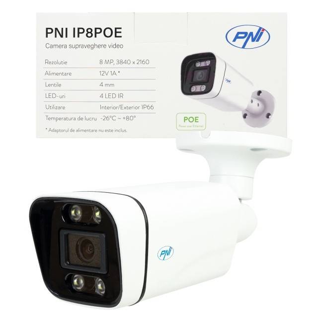 Camera supraveghere video PNI IP8POE, 8MP, 4K, D-WDR, 4.0mm, 6 LED-uri, IP66, alb