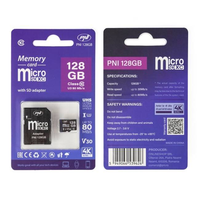 Card de memorie MicroSD PNI 128GB cu adaptor SD, Clasa 10, 80 Mb/s, V30