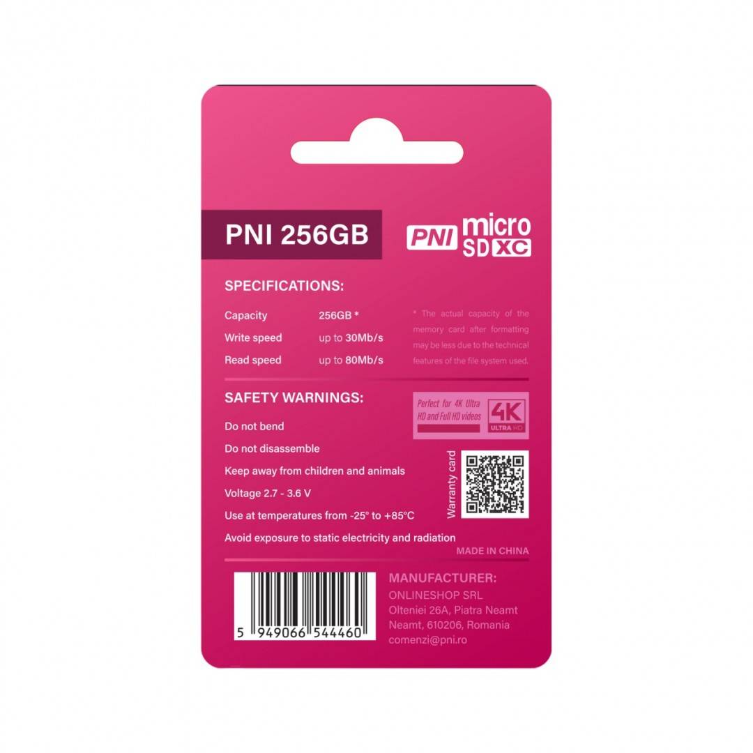 Card de memorie MicroSD PNI 256GB cu adaptor SD Clasa 10, 80 Mb/s, V30