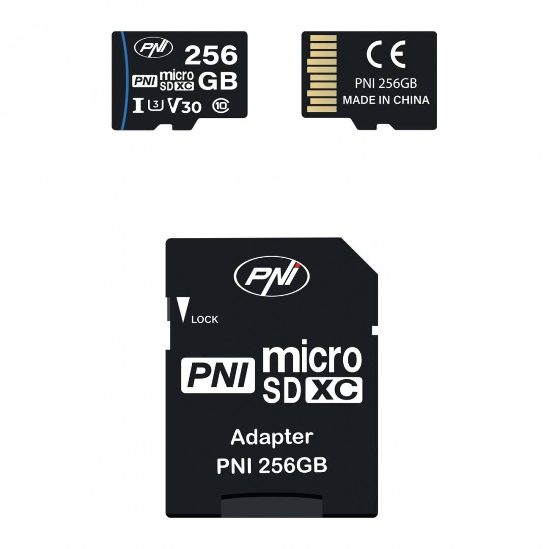 Card de memorie MicroSD PNI 256GB cu adaptor SD Clasa 10, 80 Mb/s, V30