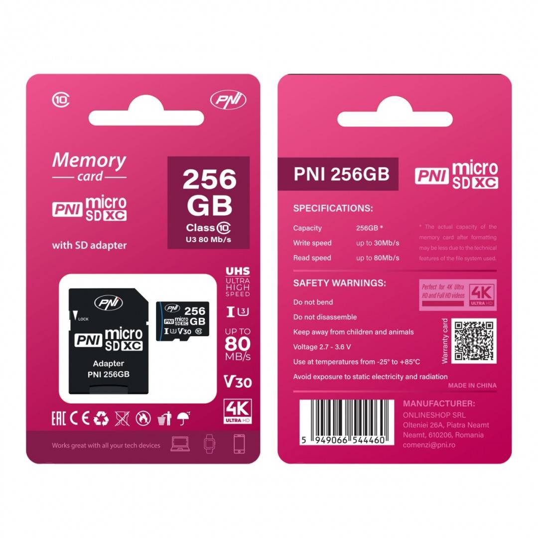 Card de memorie MicroSD PNI 256GB cu adaptor SD Clasa 10, 80 Mb/s, V30