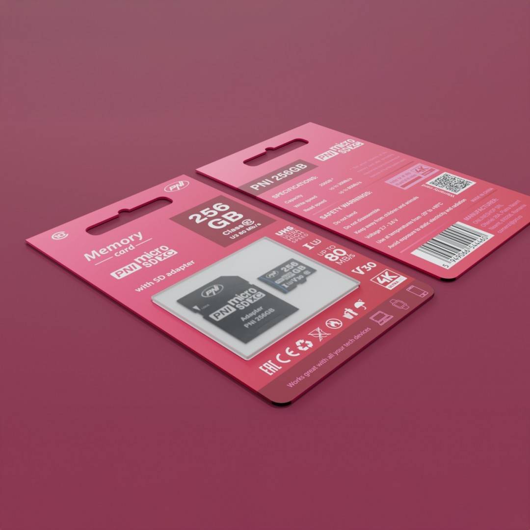 Card de memorie MicroSD PNI 256GB cu adaptor SD Clasa 10, 80 Mb/s, V30