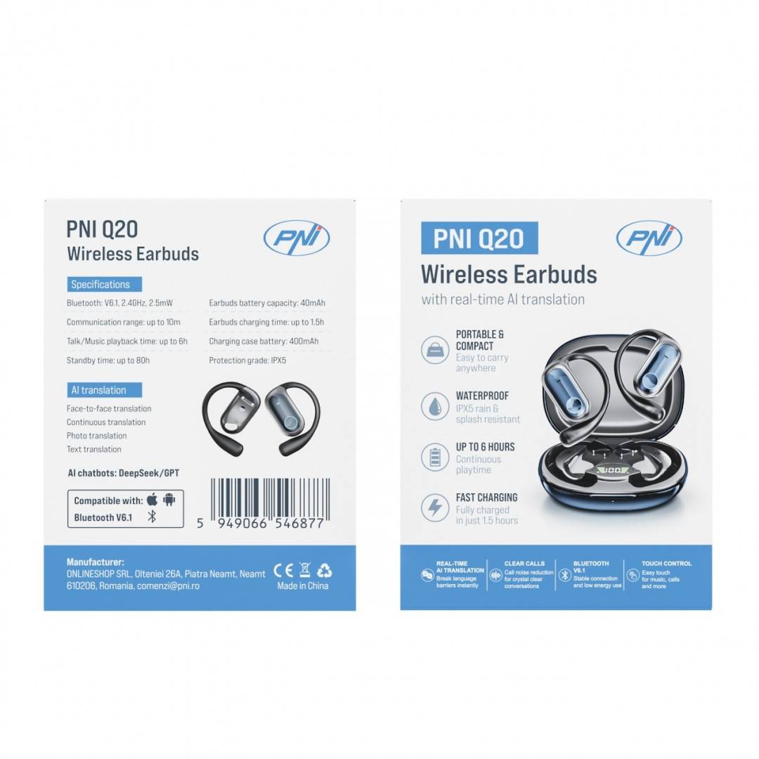Casti wireless PNI Q20 cu traducere AI in timp real, Bluetooth 6.1, reducere zgomot apel, aplicatie dedicata, IPX5, 600 minute de traducere AI/luna