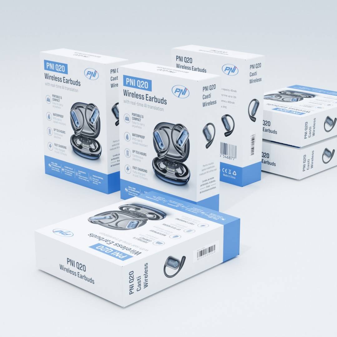 Casti wireless PNI Q20 cu traducere AI in timp real, Bluetooth 6.1, reducere zgomot apel, aplicatie dedicata, IPX5, 600 minute de traducere AI/luna
