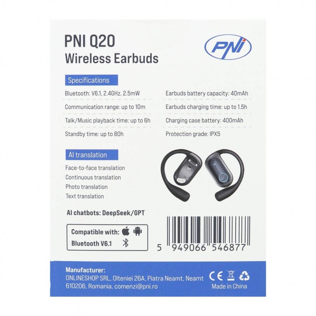 Casti wireless PNI Q20 cu traducere AI in timp real, Bluetooth 6.1, reducere zgomot apel, aplicatie dedicata, IPX5, 600 minute de traducere AI/luna